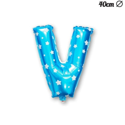 Balon Folie Metalizata Litera V, 40 cm, Cu Imprimeu Stelute, Umflati cu Heliu sau Aer, Ambalaj Individual, Pai inclus, Albastru