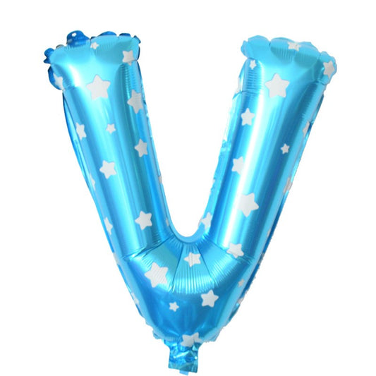 Balon Folie Metalizata Litera V, 40 cm, Cu Imprimeu Stelute, Umflati cu Heliu sau Aer, Ambalaj Individual, Pai inclus, Albastru