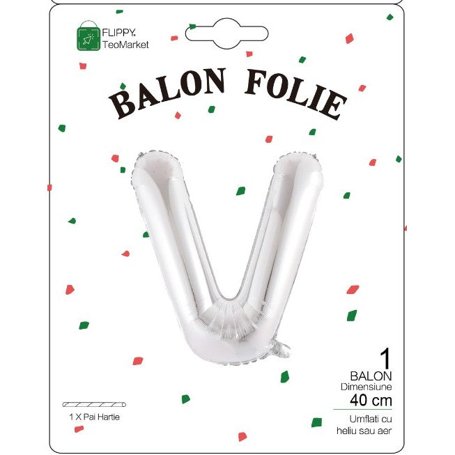 Balon Folie Metalizata Litera V, 40 cm, Umflati cu Heliu sau Aer, Ambalaj Individual, Pai inclus, Argintiu