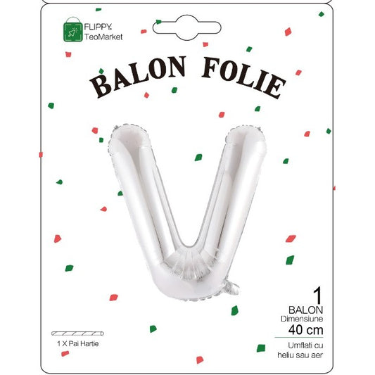 Balon Folie Metalizata Litera V, 40 cm, Umflati cu Heliu sau Aer, Ambalaj Individual, Pai inclus, Argintiu