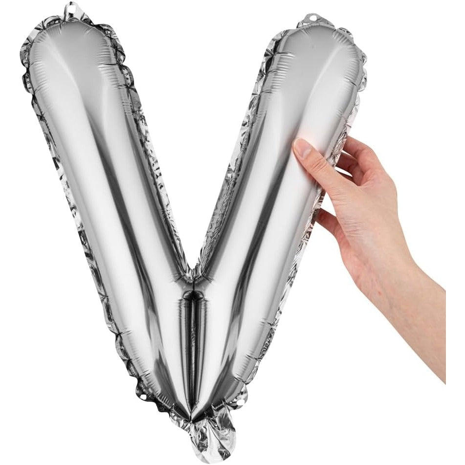Balon Folie Metalizata Litera V, 40 cm, Umflati cu Heliu sau Aer, Ambalaj Individual, Pai inclus, Argintiu