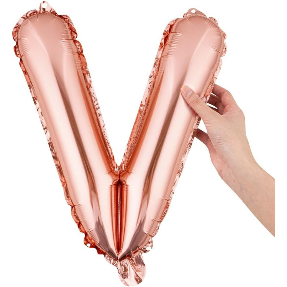 Balon Folie Metalizata Litera V, 40 cm, Umflati cu Heliu sau Aer, Ambalaj Individual, Pai inclus, Rose Gold