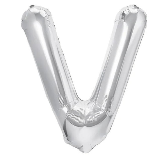 Balon Folie Metalizata Litera V, 40 cm, Umflati cu Heliu sau Aer, Ambalaj Individual, Pai inclus, Argintiu