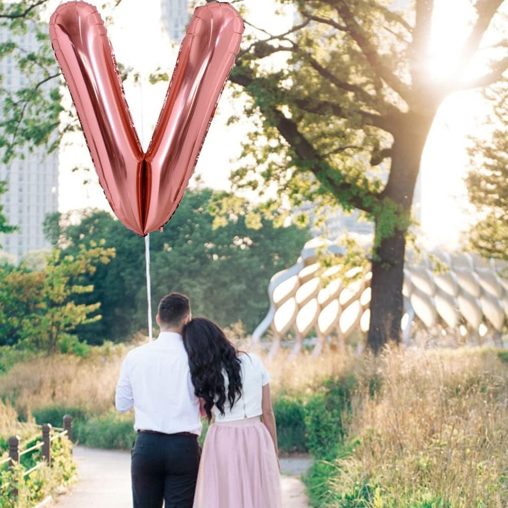 Balon Folie Metalizata Litera V, 80 cm, Umflati cu Heliu sau Aer, Ambalaj Individual, Pai inclus, Rose Gold