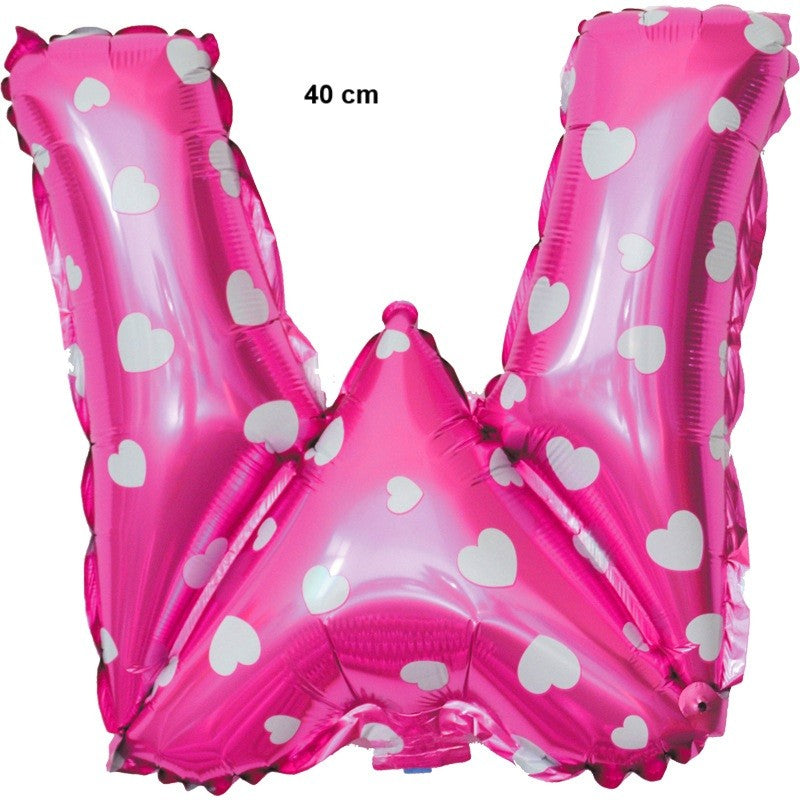 Balon Folie Metalizata Litera W, 40 cm, Cu Imprimeu Inimioare, Umflati cu Heliu sau Aer, Ambalaj Individual, Pai inclus, Roz