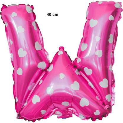 Balon Folie Metalizata Litera W, 40 cm, Cu Imprimeu Inimioare, Umflati cu Heliu sau Aer, Ambalaj Individual, Pai inclus, Roz