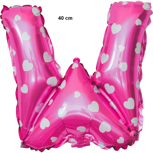 Balon Folie Metalizata Litera W, 40 cm, Cu Imprimeu Inimioare, Umflati cu Heliu sau Aer, Ambalaj Individual, Pai inclus, Roz