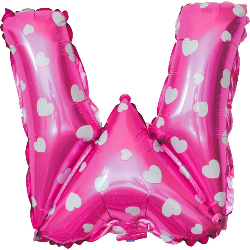 Balon Folie Metalizata Litera W, 40 cm, Cu Imprimeu Inimioare, Umflati cu Heliu sau Aer, Ambalaj Individual, Pai inclus, Roz