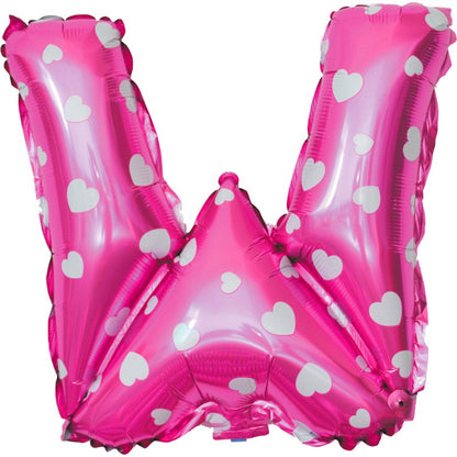 Balon Folie Metalizata Litera W, 40 cm, Cu Imprimeu Inimioare, Umflati cu Heliu sau Aer, Ambalaj Individual, Pai inclus, Roz
