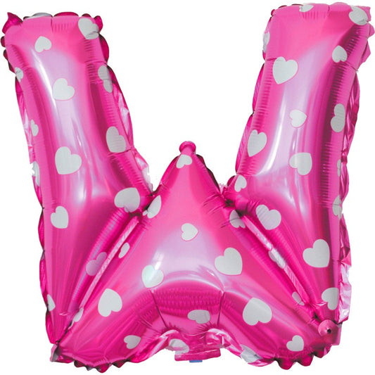 Balon Folie Metalizata Litera W, 40 cm, Cu Imprimeu Inimioare, Umflati cu Heliu sau Aer, Ambalaj Individual, Pai inclus, Roz