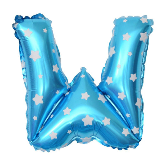 Balon Folie Metalizata Litera W, 40 cm, Cu Imprimeu Stelute, Umflati cu Heliu sau Aer, Ambalaj Individual, Pai inclus, Albastru