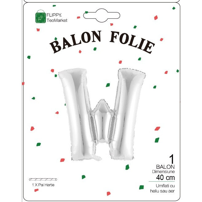 Balon Folie Metalizata Litera W, 40 cm, Umflati cu Heliu sau Aer, Ambalaj Individual, Pai inclus, Argintiu