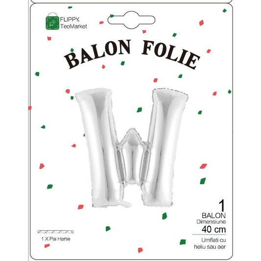 Balon Folie Metalizata Litera W, 40 cm, Umflati cu Heliu sau Aer, Ambalaj Individual, Pai inclus, Argintiu