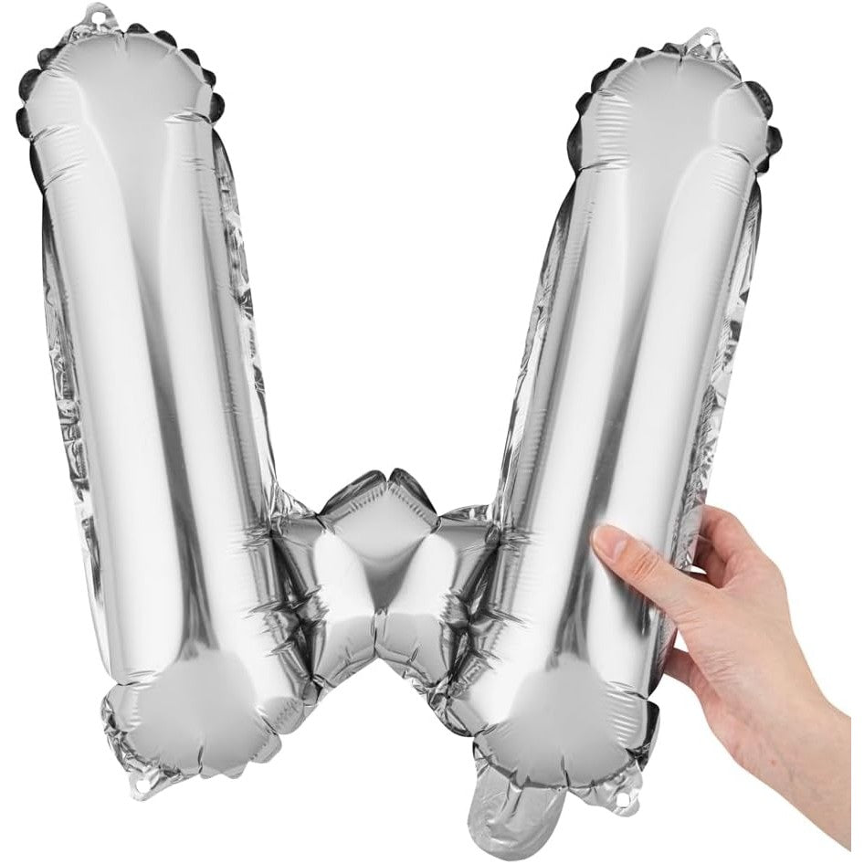 Balon Folie Metalizata Litera W, 40 cm, Umflati cu Heliu sau Aer, Ambalaj Individual, Pai inclus, Argintiu