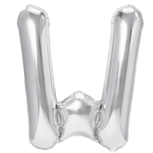 Balon Folie Metalizata Litera W, 40 cm, Umflati cu Heliu sau Aer, Ambalaj Individual, Pai inclus, Argintiu