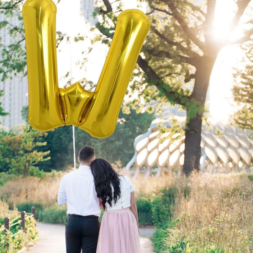 Balon Folie Metalizata Litera W, 80 cm, Umflati cu Heliu sau Aer, Ambalaj Individual, Pai inclus, Auriu