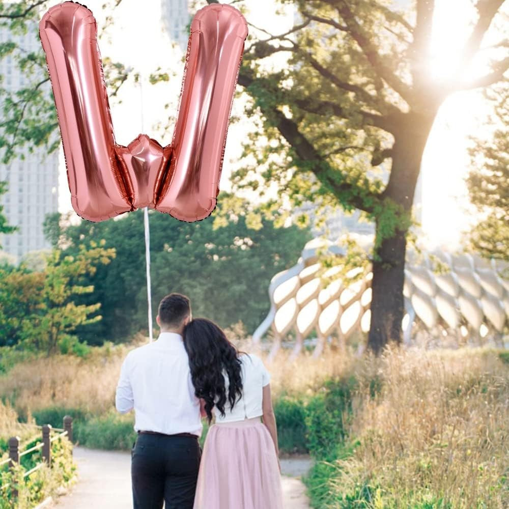 Balon Folie Metalizata Litera W, 80 cm, Umflati cu Heliu sau Aer, Ambalaj Individual, Pai inclus, Rose Gold