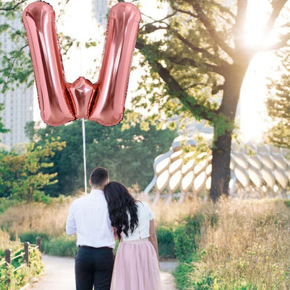 Balon Folie Metalizata Litera W, 80 cm, Umflati cu Heliu sau Aer, Ambalaj Individual, Pai inclus, Rose Gold