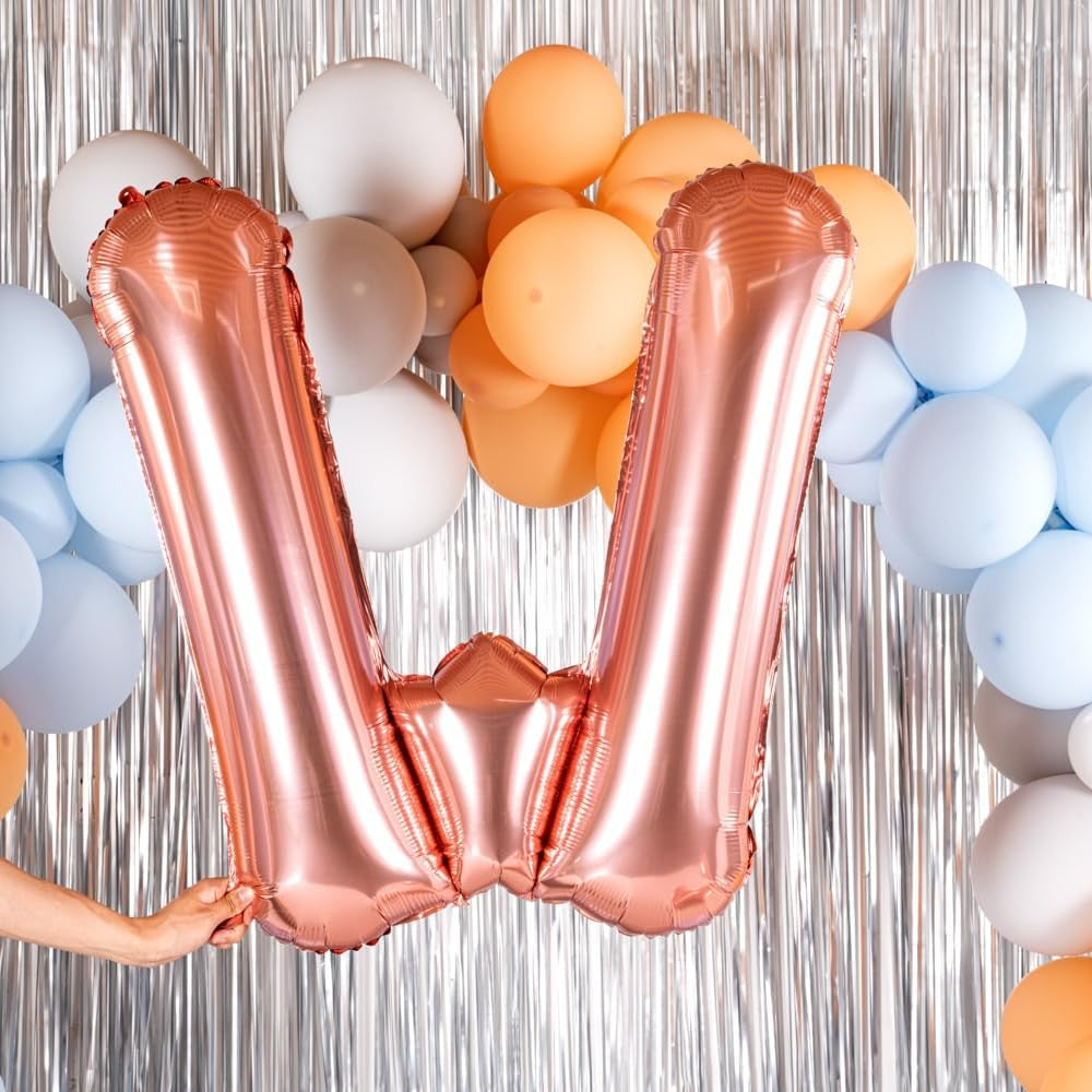 Balon Folie Metalizata Litera W, 80 cm, Umflati cu Heliu sau Aer, Ambalaj Individual, Pai inclus, Rose Gold