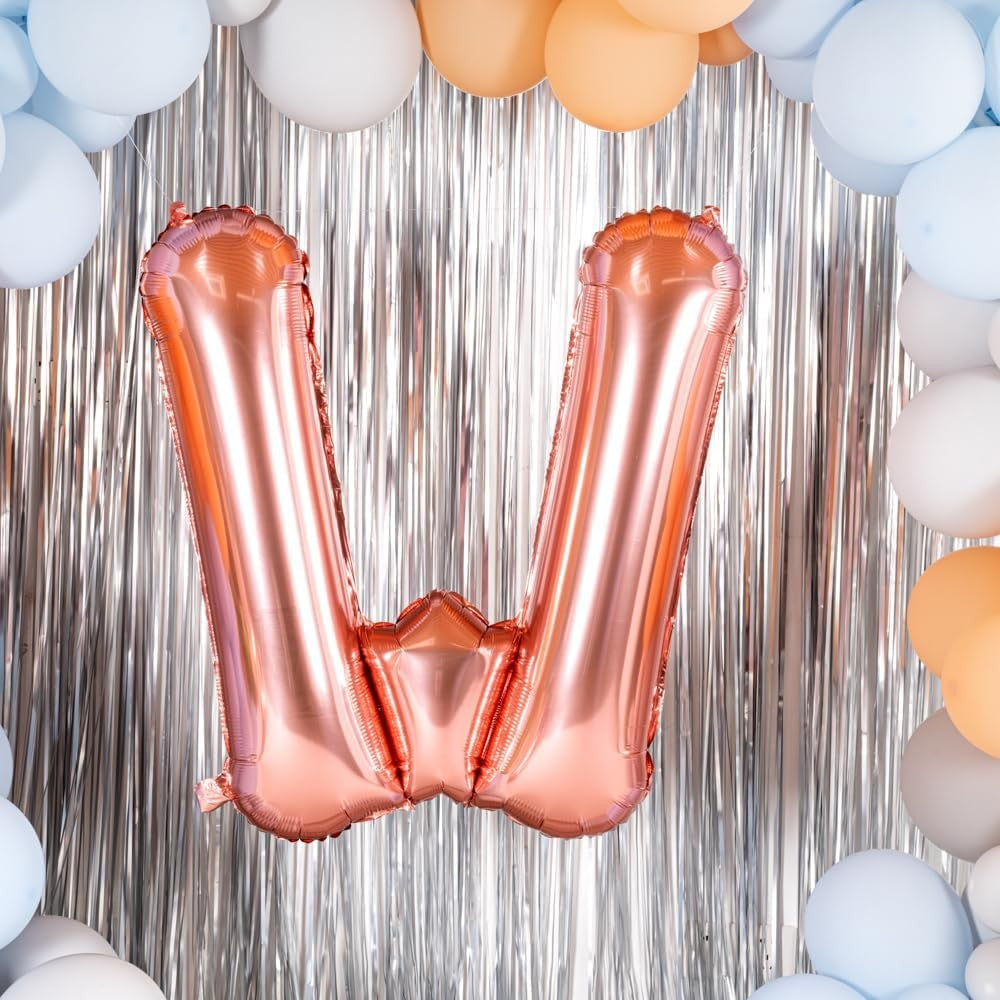 Balon Folie Metalizata Litera W, 80 cm, Umflati cu Heliu sau Aer, Ambalaj Individual, Pai inclus, Rose Gold