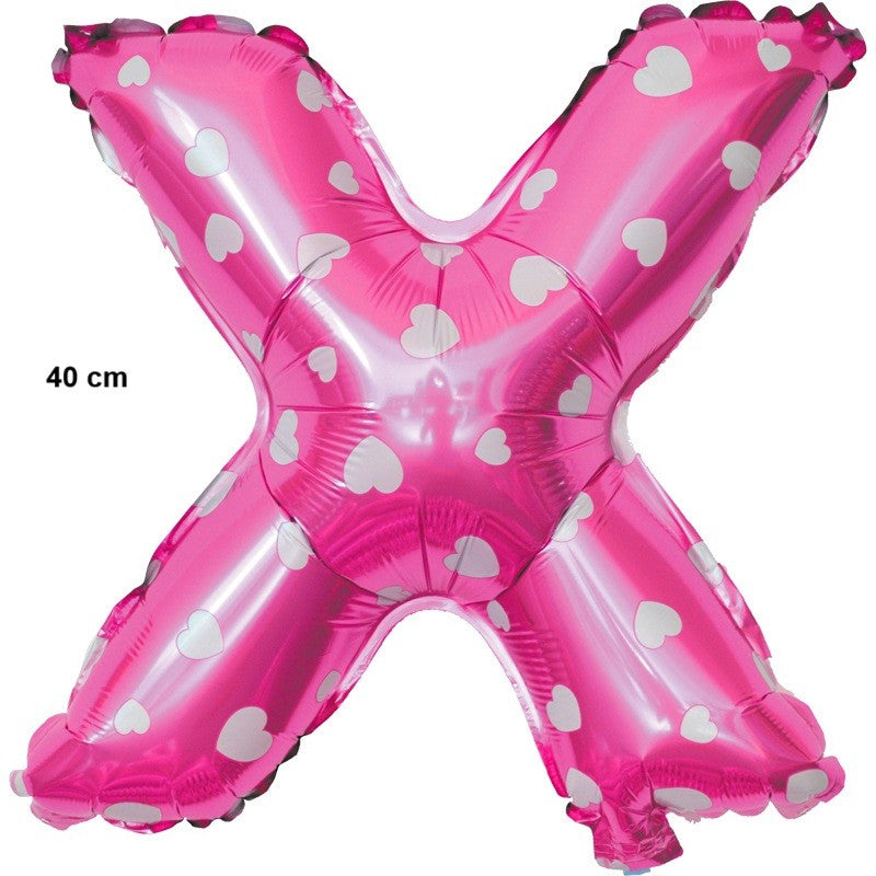 Balon Folie Metalizata Litera X, 40 cm, Cu Imprimeu Inimioare, Umflati cu Heliu sau Aer, Ambalaj Individual, Pai inclus, Roz