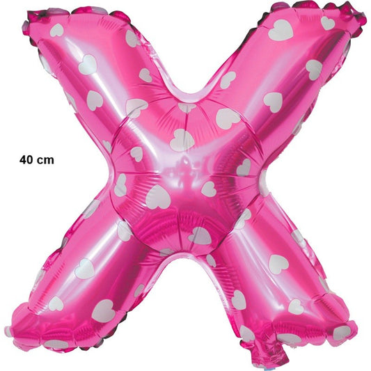 Balon Folie Metalizata Litera X, 40 cm, Cu Imprimeu Inimioare, Umflati cu Heliu sau Aer, Ambalaj Individual, Pai inclus, Roz