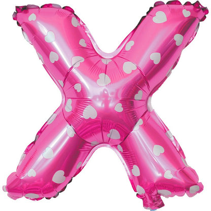Balon Folie Metalizata Litera X, 40 cm, Cu Imprimeu Inimioare, Umflati cu Heliu sau Aer, Ambalaj Individual, Pai inclus, Roz