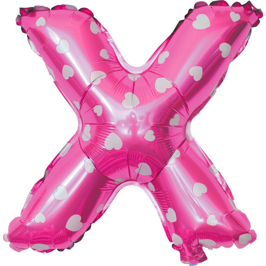 Balon Folie Metalizata Litera X, 40 cm, Cu Imprimeu Inimioare, Umflati cu Heliu sau Aer, Ambalaj Individual, Pai inclus, Roz