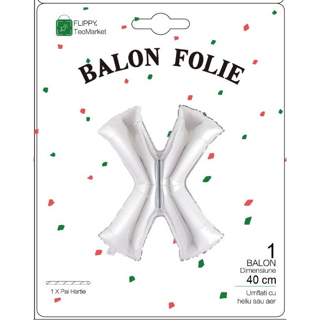 Balon Folie Metalizata Litera X, 40 cm, Umflati cu Heliu sau Aer, Ambalaj Individual, Pai inclus, Argintiu