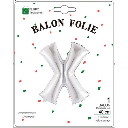 Balon Folie Metalizata Litera X, 40 cm, Umflati cu Heliu sau Aer, Ambalaj Individual, Pai inclus, Argintiu