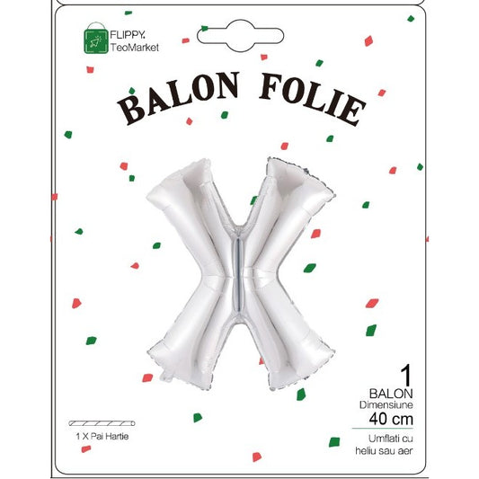 Balon Folie Metalizata Litera X, 40 cm, Umflati cu Heliu sau Aer, Ambalaj Individual, Pai inclus, Argintiu