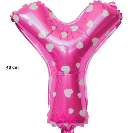 Balon Folie Metalizata Litera Y, 40 cm, Cu Imprimeu Inimioare, Umflati cu Heliu sau Aer, Ambalaj Individual, Pai inclus, Roz