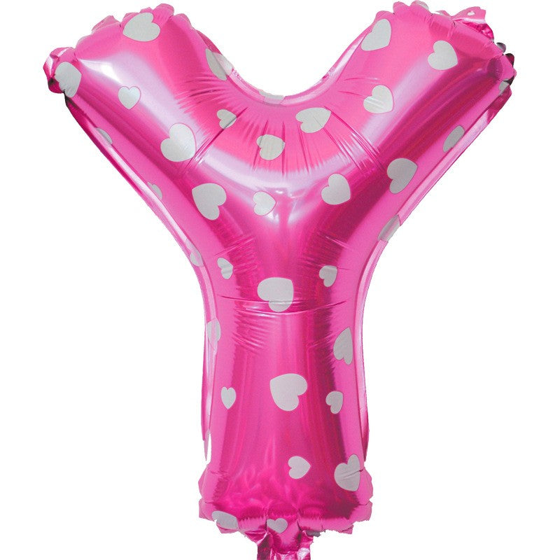 Balon Folie Metalizata Litera Y, 40 cm, Cu Imprimeu Inimioare, Umflati cu Heliu sau Aer, Ambalaj Individual, Pai inclus, Roz