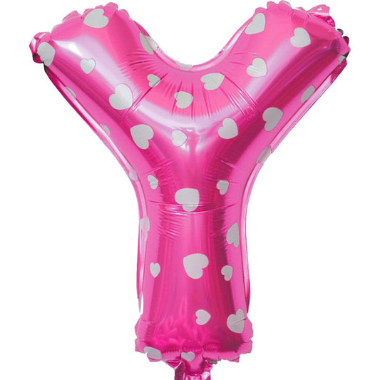 Balon Folie Metalizata Litera Y, 40 cm, Cu Imprimeu Inimioare, Umflati cu Heliu sau Aer, Ambalaj Individual, Pai inclus, Roz