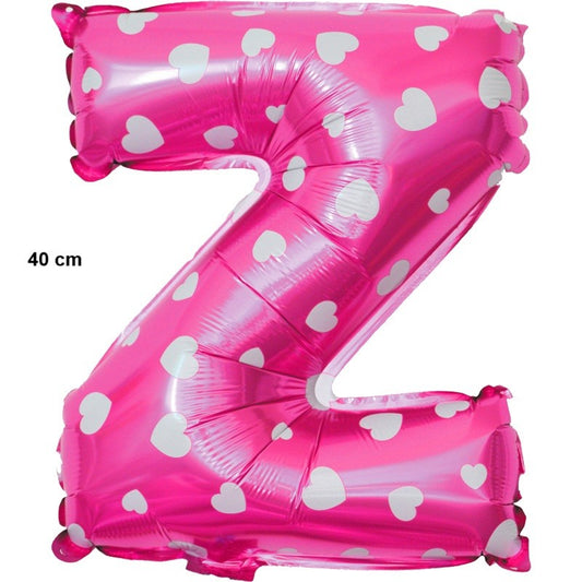 Balon Folie Metalizata Litera Z, 40 cm, Cu Imprimeu Inimioare, Umflati cu Heliu sau Aer, Ambalaj Individual, Pai inclus, Roz