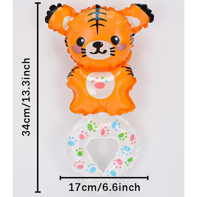 Balon din Folie Metalizata, Figurine Animalute, Tip Bratara, Model Tigru, 17x34 cm, Ambalaj Individual, Pai Inclus, Umflare cu Aer sau Heliu, Maro