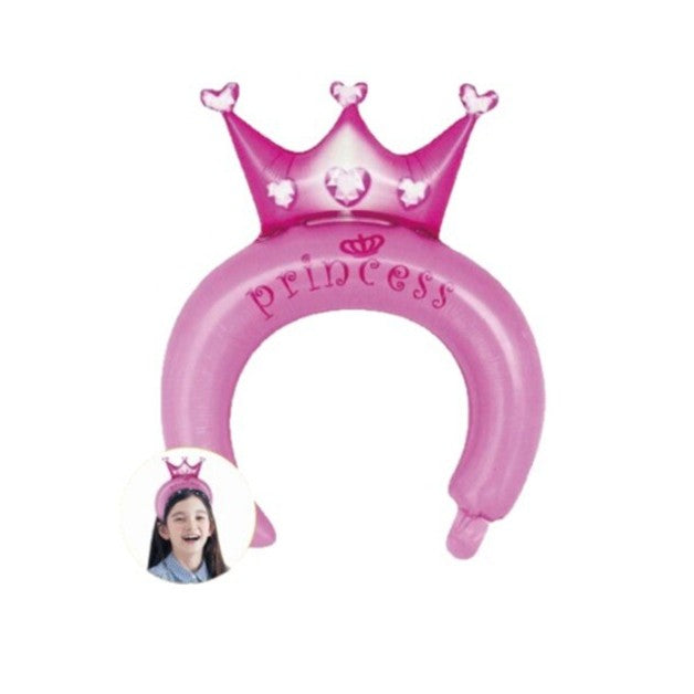 Balon din Folie Metalizata, Tip Coronita cu Urechi, Model Coronita de Printesa, Ambalaj Individual, Pai Inclus, Umflare cu Aer sau Heliu, 30 x 27 cm, Roz