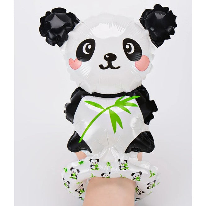 Balon din Folie Metalizata, Figurine Animalute, Tip Bratara, Model Panda, 13 x 35 cm, Ambalaj Individual, Pai Inclus, Umflare cu Aer sau Heliu, Alb/Negru
