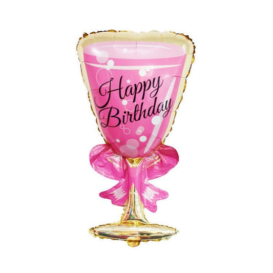 Balon din Folie Metalizata, Figurina Pahar de Vin, Tema Aniversare, 93x48 cm, Ambalaj Individual, Pai Inclus, Umflare cu Aer sau Heliu, Roz