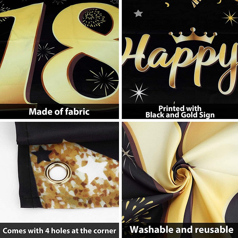 Banner pentru Petrecere, Model Happy Birthday, Tematica Majorat, Aniversare 18 Ani, 185x90 cm, Negru