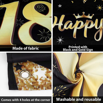 Banner pentru Petrecere, Model Happy Birthday, Tematica Majorat, Aniversare 18 Ani, 185x90 cm, Negru