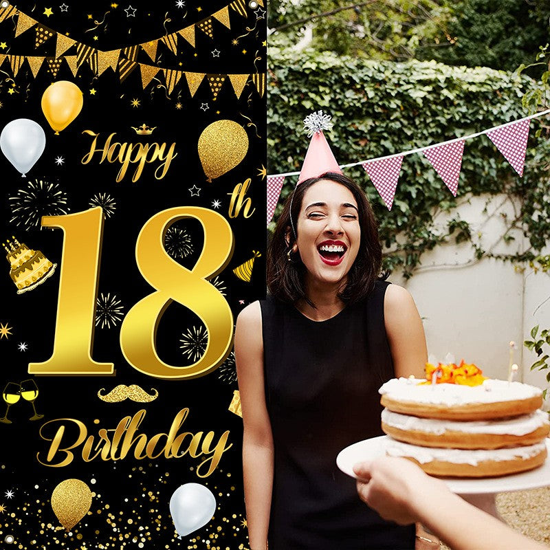Banner pentru Petrecere, Model Happy Birthday, Tematica Majorat, Aniversare 18 Ani, 185x90 cm, Negru