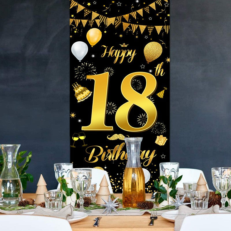 Banner pentru Petrecere, Model Happy Birthday, Tematica Majorat, Aniversare 18 Ani, 185x90 cm, Negru