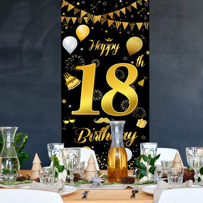 Banner pentru Petrecere, Model Happy Birthday, Tematica Majorat, Aniversare 18 Ani, 185x90 cm, Negru