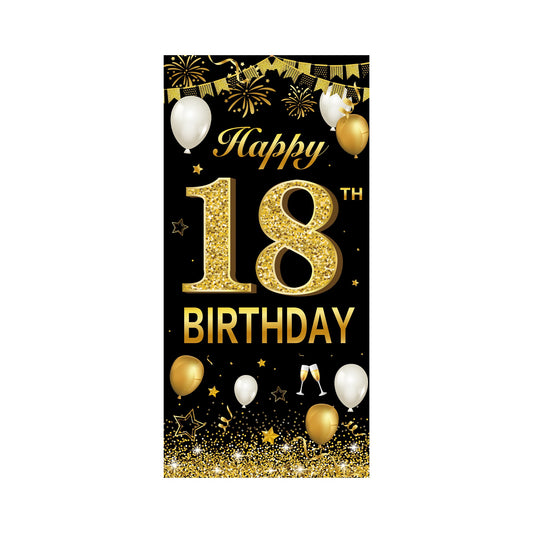Banner pentru Petrecere, Model Happy Birthday, Tematica Majorat, Aniversare 18 Ani, 185x90 cm, Negru