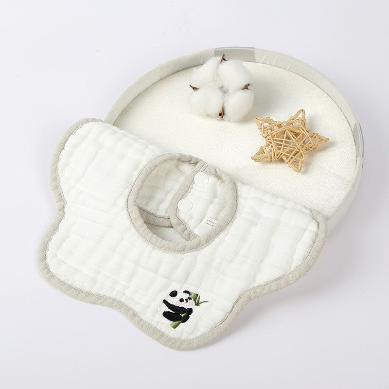 Baveta Tip Floare, din Bumbac, pentru Copii 0-12 Luni, Rezistenta la apa, 8 Straturi, Model Tricotat cu Panda, 26 x 29 cm, Alb