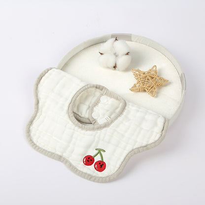 Baveta Tip Floare, din Bumbac, pentru Copii 0-12 Luni, Rezistenta la apa, 8 Straturi, Model Tricotat cu Cirese, 26 x 29 cm, Alb