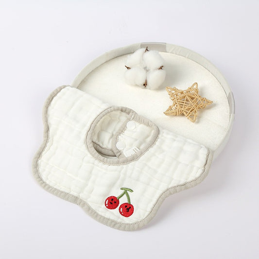 Baveta Tip Floare, din Bumbac, pentru Copii 0-12 Luni, Rezistenta la apa, 8 Straturi, Model Tricotat cu Cirese, 26 x 29 cm, Alb