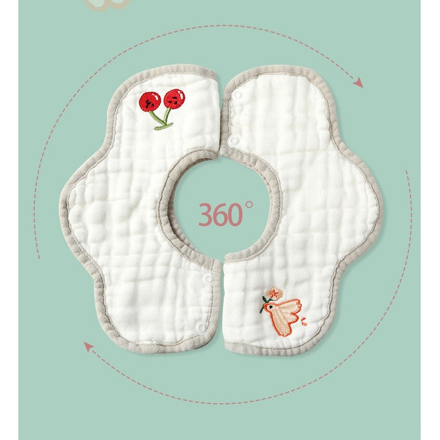 Baveta Tip Floare, din Bumbac, pentru Copii 0-12 Luni, Rezistenta la apa, 8 Straturi, Model Tricotat cu Cirese, 26 x 29 cm, Alb