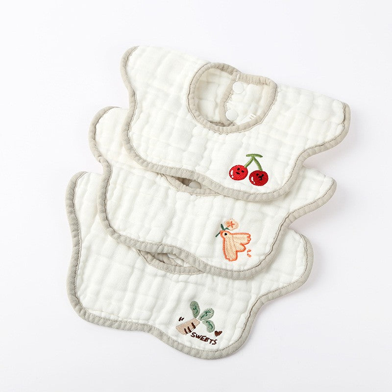 Baveta Tip Floare, din Bumbac, pentru Copii 0-12 Luni, Rezistenta la apa, 8 Straturi, Model Tricotat cu Cirese, 26 x 29 cm, Alb